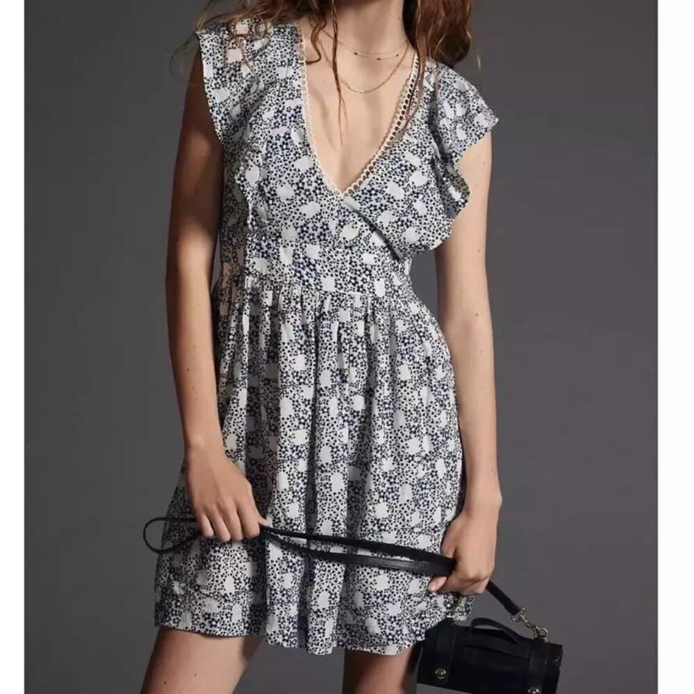 Anthropologie V-Neck Plunge Tunic Mini Dress Womens Size XL Blue White Black NWT - Picture 2 of 14